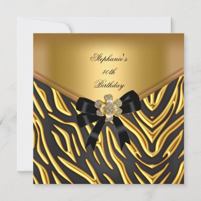 Invitation 40e fête d'anniversaire Zebra Gold Black Bow (Devant)