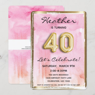 Invitation 40e Fille Anniversaire rose et or