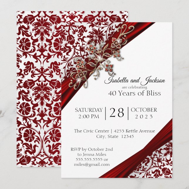 Invitation 40e modèle d'anniversaire de fleurs rubis et blanc (Devant / Derrière)
