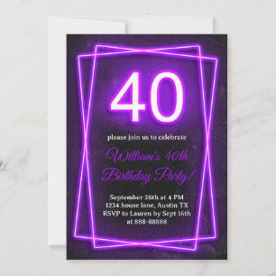 Invitation 40e Neon Lights Retro Noir Quarante Anniversaire