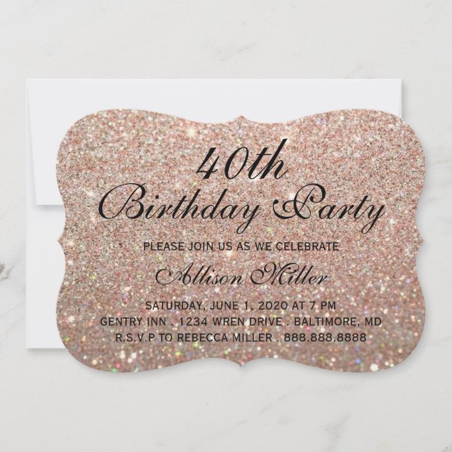 Invitation 40e Rose Parties scintillant d'or Fab Glam Anniver (Devant)