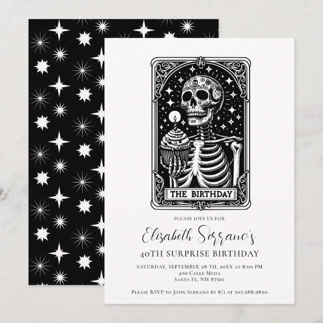 Invitation 40e Surprise Anniversaire fête Gothique Tarot Noir (Devant / Derrière)