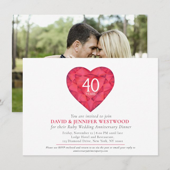 Invitation 40ème anniversaire de la Mariage de rubis (Devant / Derrière)