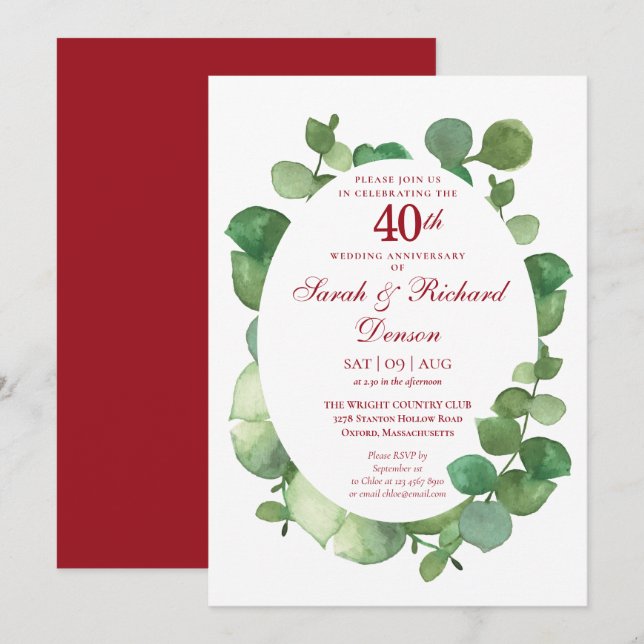 Invitation 40ème anniversaire de Ruby Mariage Eucalyptus verd (Devant / Derrière)