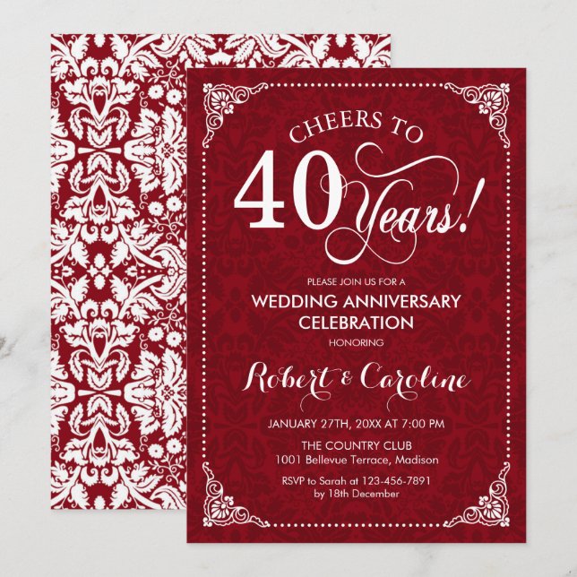 Invitation 40ème anniversaire du Mariage - Ruby Red White Dam (Devant / Derrière)