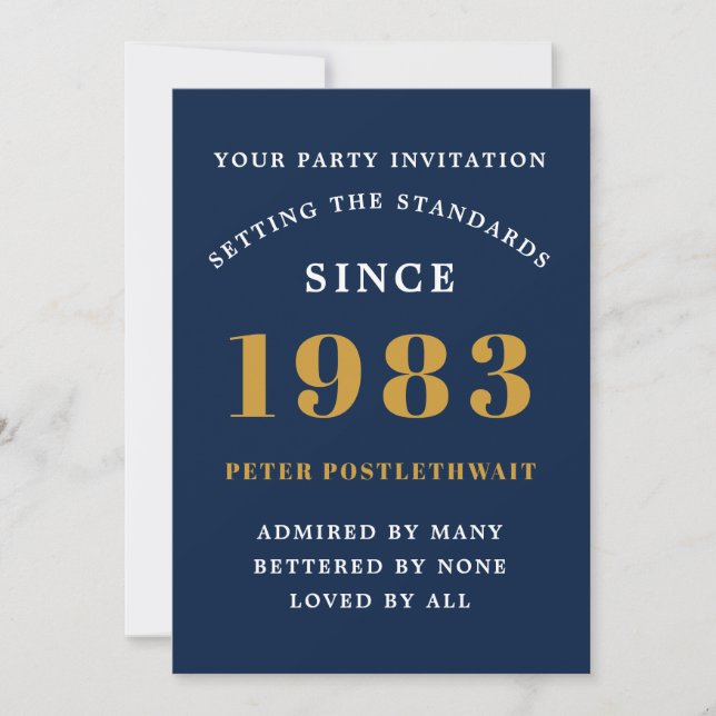 Invitation 40th Birthday 1983 Blue Gold Ajouter un nom année (Devant)