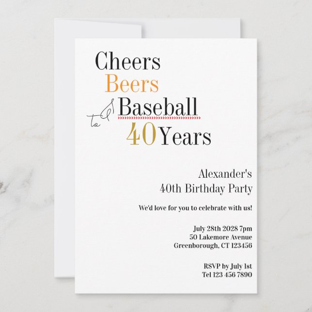 Invitation 40th Birthday Baseball Cheers Beers 40 Years Party (Devant)