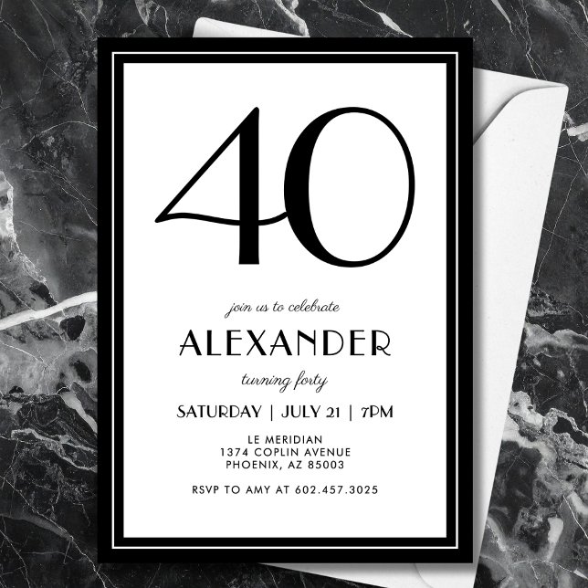 Invitation 40th Birthday Black and White Modern Minimalist  (A chic black and white invitation that blends modern minimal design with elegance.)