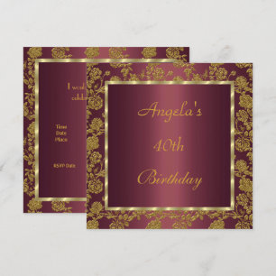 invitation 40th Birthday gold  Burgundy floral