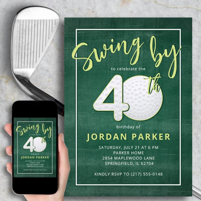 Invitation 40th Birthday Golf Theme Swing By Stylish Green (A bold “40” with textured golf detail that stands out.)
