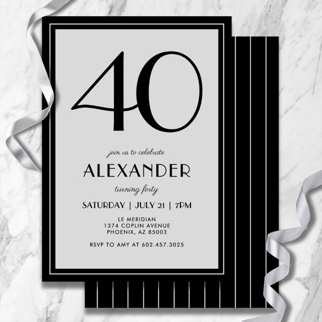 Invitation 40th Birthday Modern Minimalist Mens Black Gray (A chic, gender-neutral invitation perfect for any milestone birthday.)
