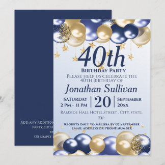 Invitation 40th Birthday Navy Gold Balloons Party