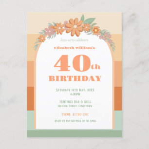 Invitation, 40th Birthday - pastel retro florals Postcard