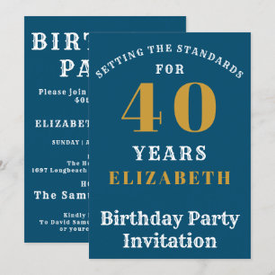 Invitation 40th Birthday Standards Blue Gold Ajouter votre no
