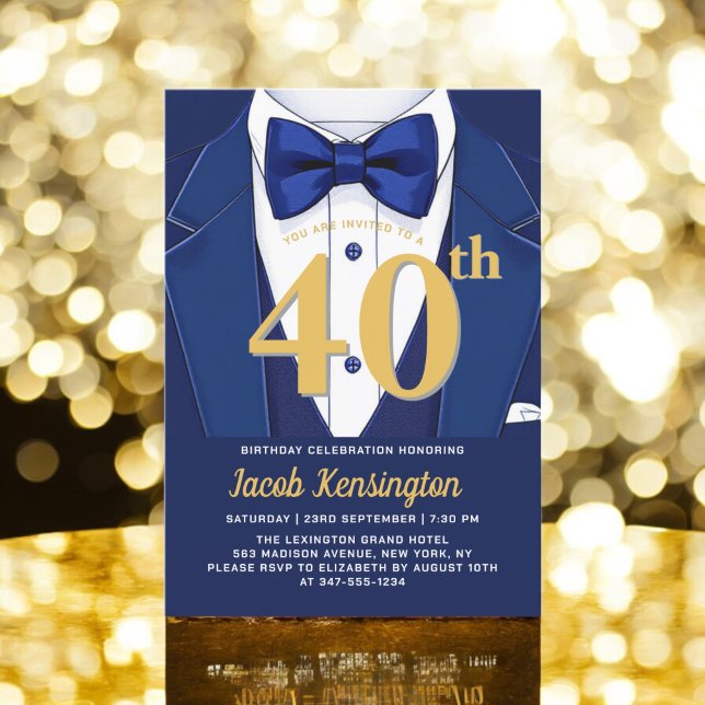 Invitation 40th Navy Blue and Gold Tuxedo Birthday Event (Créateur téléchargé)