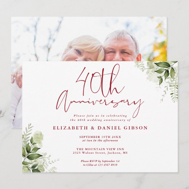 Invitation 40th Wedding Anniversary Greenery Floral Photo (Devant / Derrière)