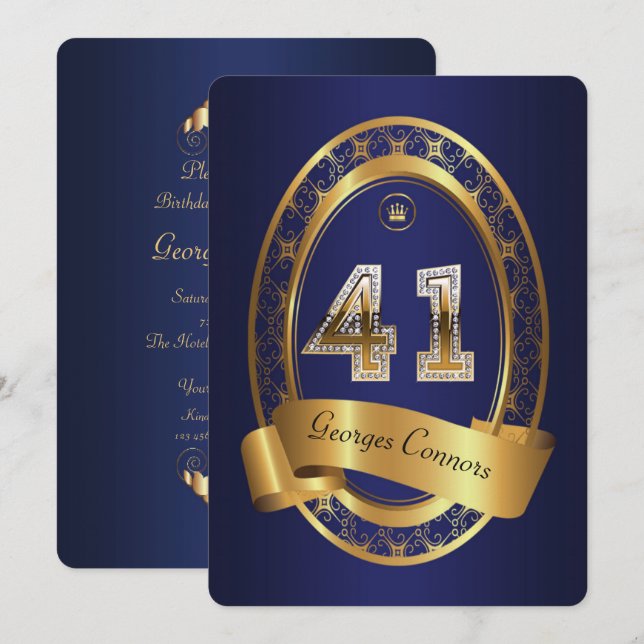 Invitation 41e anniversaire, homme de fête, couleur élégante (Devant / Derrière)