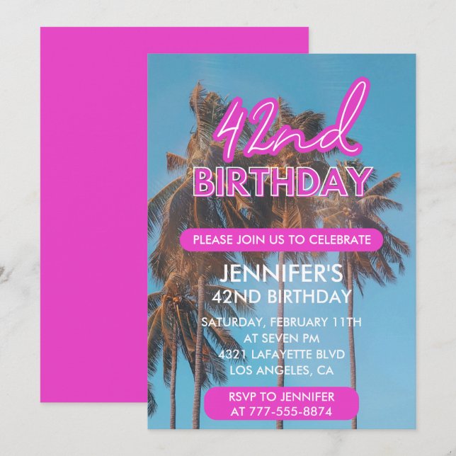 Invitation 42e anniversaire d'invitation Summer Pink Palm tre (Devant / Derrière)