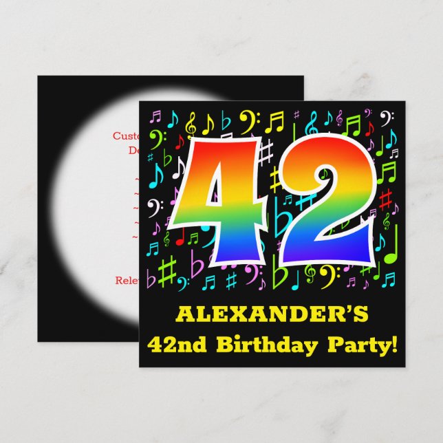 Invitation 42e fête d'anniversaire : Symboles de musique amus (Devant / Derrière)