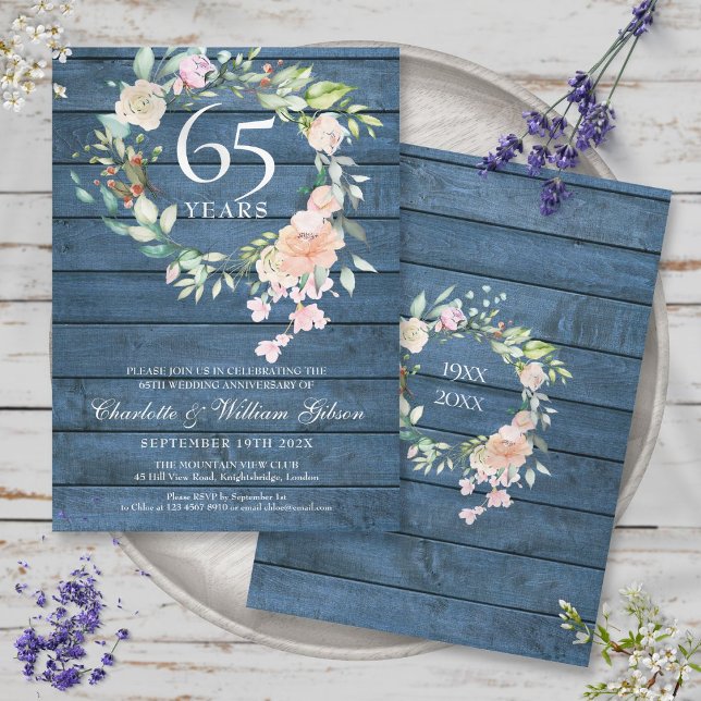 Invitation 45e 65e Anniversaire de Mariage Floral Bleu Rustiq (45th 65th Wedding Anniversary Floral Blue Rustic Invitation)