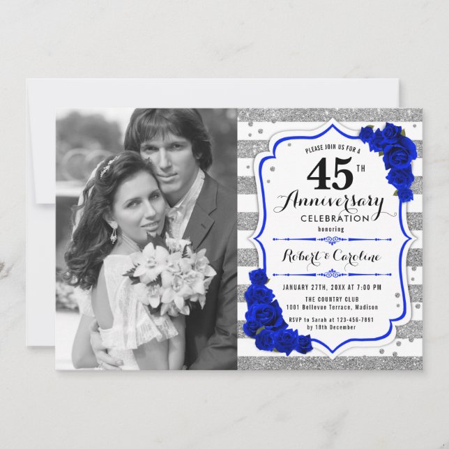 Invitation 45e Anniversaire avec Photo - Argent Saphir Bleu (Devant)