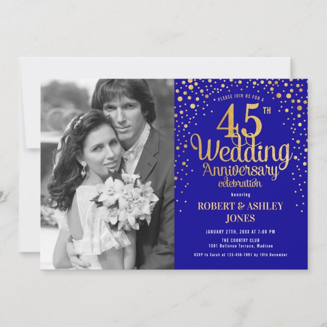 Invitation 45e anniversaire avec photo - Bleu Or (Devant)
