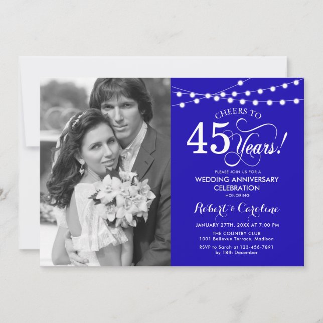 Invitation 45e anniversaire avec photo - Bleu saphir (Devant)