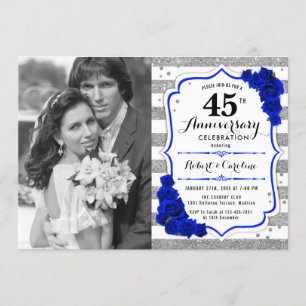 Invitation 45e Anniversaire avec Photo - Bleu Saphir Argent