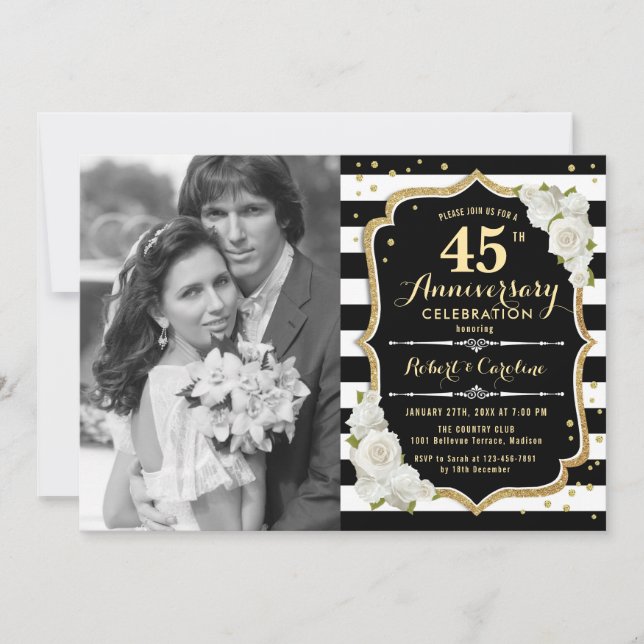 Invitation 45e anniversaire avec photo - Noir or (Devant)