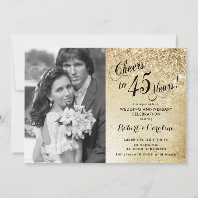 Invitation 45e anniversaire avec photo - Or (Devant)