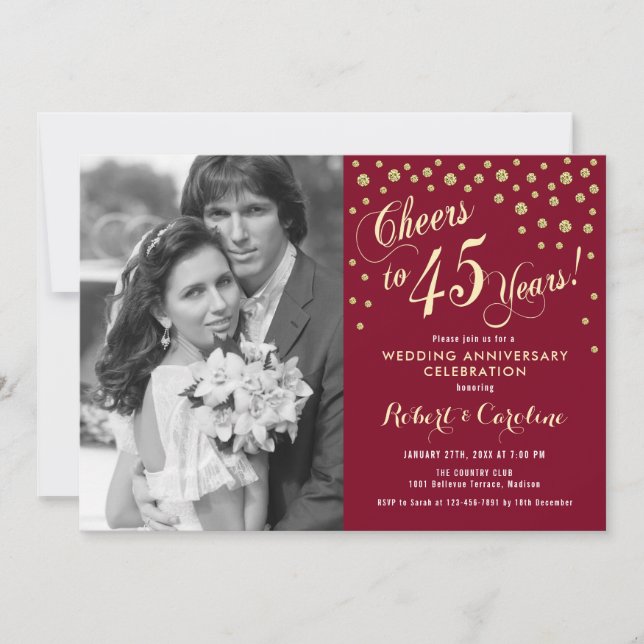 Invitation 45e Anniversaire avec Photo - Rouge Rubis Or (Devant)