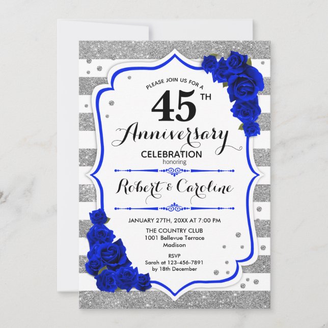 Invitation 45e Anniversaire - Blanc Argent Saphir Bleu (Devant)