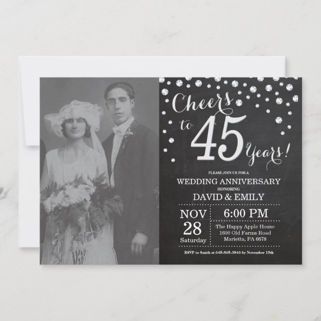 Invitation 45e Anniversaire de Mariage Ardoise Noir Argent (Devant)
