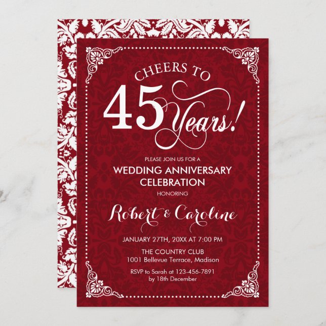 Invitation 45e anniversaire de mariage - Damask blanc rouge r (Devant / Derrière)