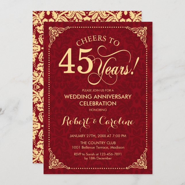 Invitation 45e anniversaire de mariage - Damask or Ruby Red G (Devant / Derrière)
