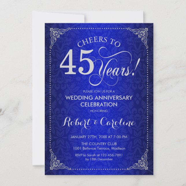 Invitation 45e anniversaire de mariage - Damassé argenté bleu (Devant)