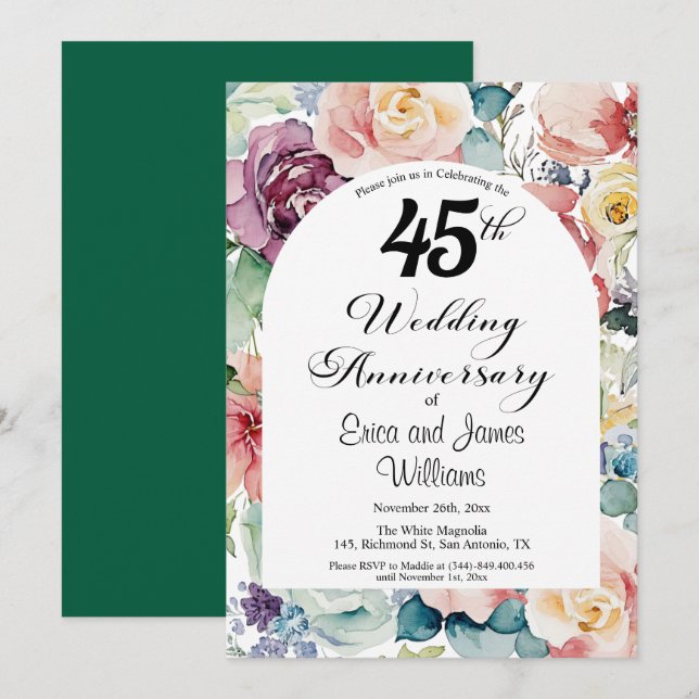 Invitation 45e anniversaire de Mariage Élégant script floral (Devant / Derrière)