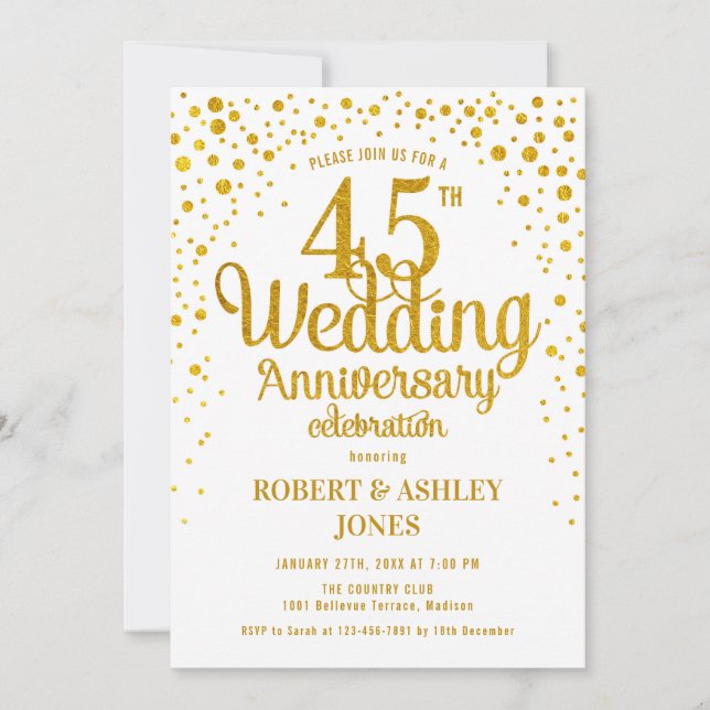 Invitation 45e anniversaire de mariage - Or & Blanc (Devant)