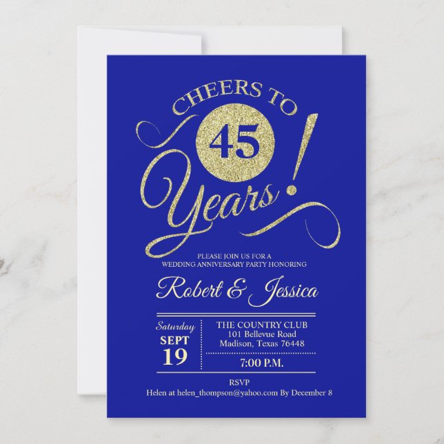 Invitation 45e anniversaire de mariage Saphir Bleu Or (Devant)