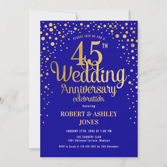 Invitation 45e anniversaire de mariage - Saphir bleu & or (Devant)
