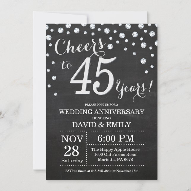 Invitation 45e anniversaire du Mariage Chalkboard Black Silve (Devant)
