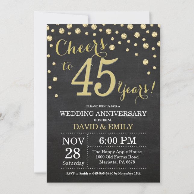Invitation 45e anniversaire du Mariage Chalkboard noir et or (Devant)