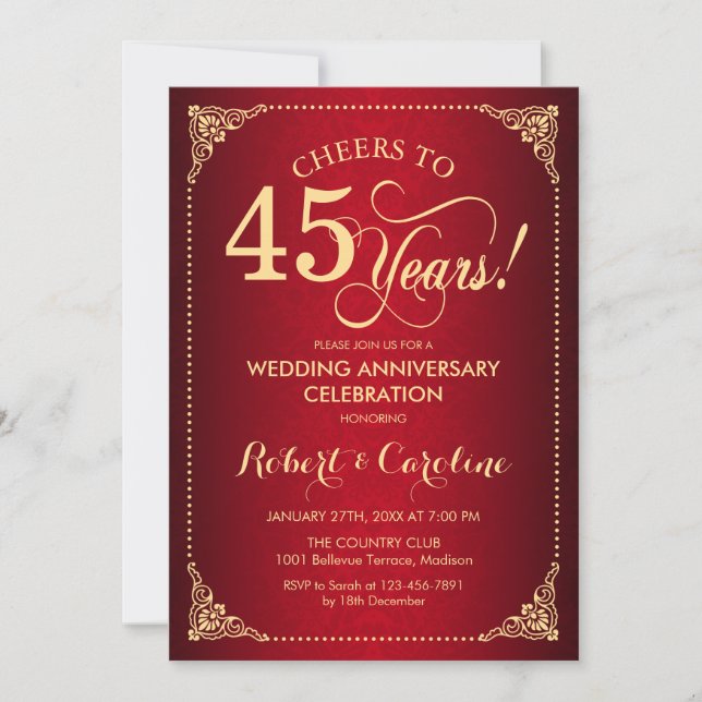 Invitation 45e anniversaire du Mariage - Damas d'or rouge (Devant)