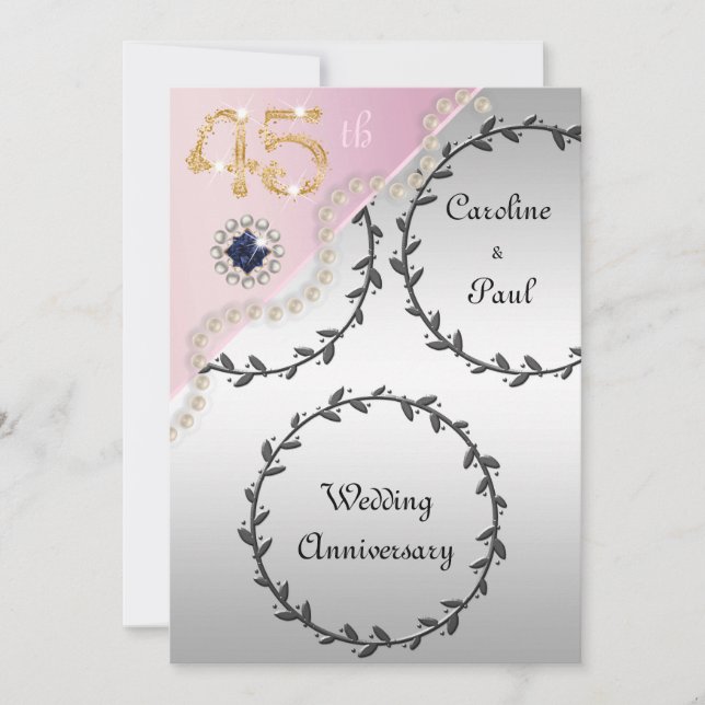 Invitation 45e anniversaire du Mariage Embossed Silver Rose G (Devant)