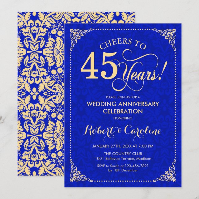 Invitation 45e anniversaire Mariage Sapphire Blue Gold Damask (Devant / Derrière)