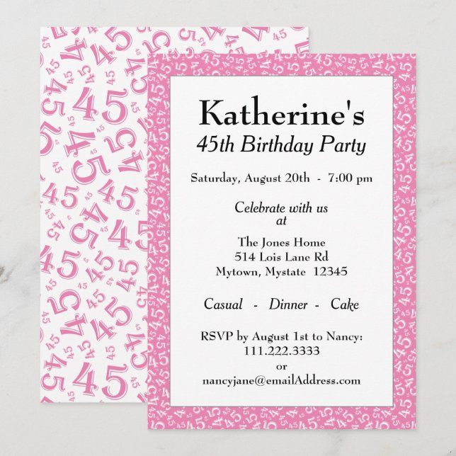 Invitation 45e anniversaire, Motif des numéros rose/blanc (Devant / Derrière)