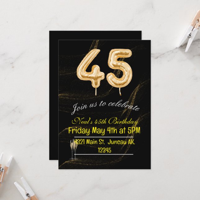 Invitation 45e anniversaire noir et or numéros de ballon Invi (Devant/Arrière en situation)