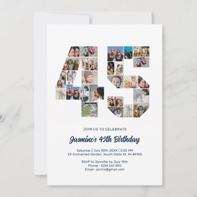 Invitation 45e anniversaire Numéro 45 Photo personnalisée Col (Devant)