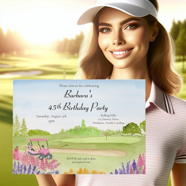 Invitation 45e anniversaire Party Pink Golf Cart Golf Course (Créateur téléchargé)
