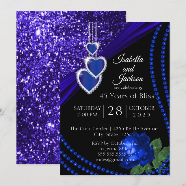 Invitation 45e Anniversaire Saphir Bleu Pailleté et Rose (Devant / Derrière)